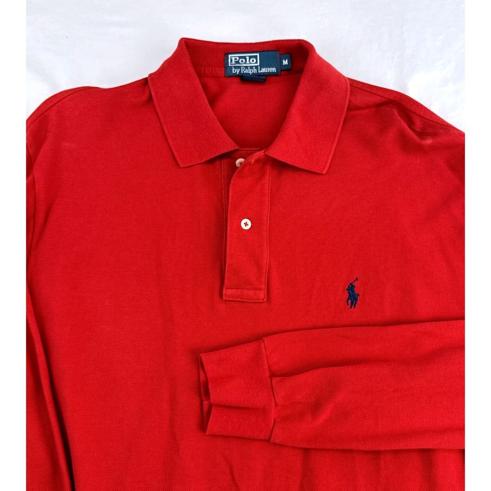 Polo Ralph Lauren Men Red Long Sleeve Pique Polo Shirt Navy Pony Size M